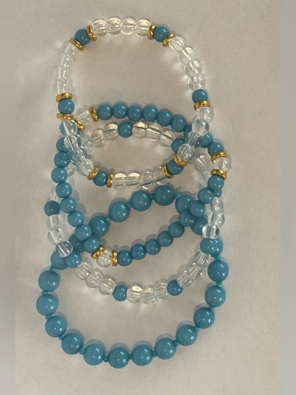 Blue Beaded Stretch Bracelet Set of 4 with Gold Accents